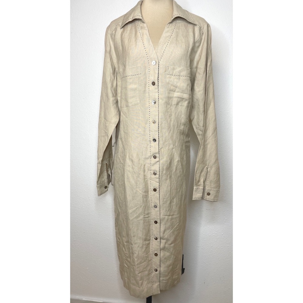 Women Linen Dress Pick Stitch Button Front 10 Tan, Monterey Bay